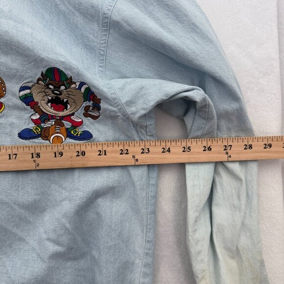Vintage Looney Tunes Chambray Shirt mens L Blue Bugs Bunny Taz Embroidered - Picture 5 of 11